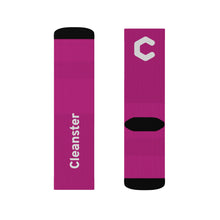 Load image into Gallery viewer, Custom Sublimation Crew Socks — Magenta Branded "Cleanster" Logo