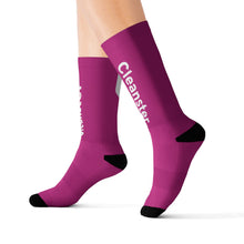 Load image into Gallery viewer, Custom Sublimation Crew Socks — Magenta Branded "Cleanster" Logo