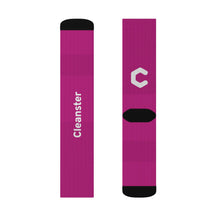 Load image into Gallery viewer, Custom Sublimation Crew Socks — Magenta Branded "Cleanster" Logo