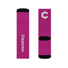 Load image into Gallery viewer, Custom Sublimation Crew Socks — Magenta Branded "Cleanster" Logo