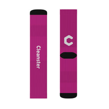 Load image into Gallery viewer, Custom Sublimation Crew Socks — Magenta Branded "Cleanster" Logo
