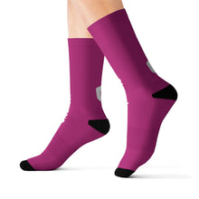Load image into Gallery viewer, Custom Sublimation Crew Socks — Magenta Branded "Cleanster" Logo
