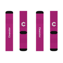 Load image into Gallery viewer, Custom Sublimation Crew Socks — Magenta Branded "Cleanster" Logo

