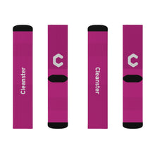 Load image into Gallery viewer, Custom Sublimation Crew Socks — Magenta Branded "Cleanster" Logo
