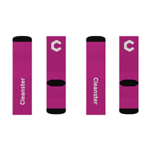 Load image into Gallery viewer, Custom Sublimation Crew Socks — Magenta Branded "Cleanster" Logo
